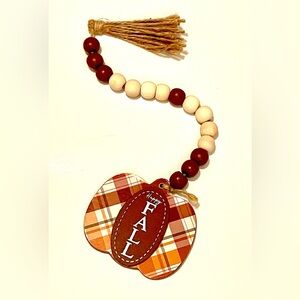 Happy Fall Brown Orange Plaid Pumpkin Natural Twine Tassel Wood Bead Strand 15”